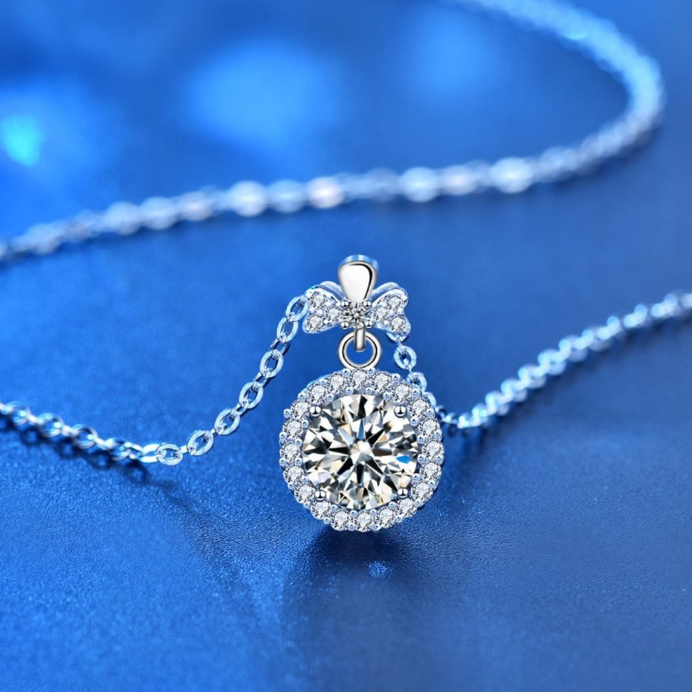 Certified 1ct. t.w. Moissanite Diamond Round Halo Bow Knot Pendant Necklace NEW - Picture 5 of 12